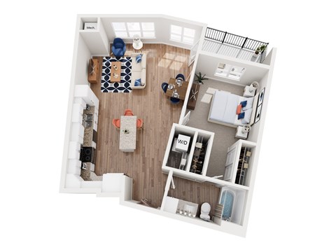 Floor plan for 1 bed, 1 bath, 885 sqft